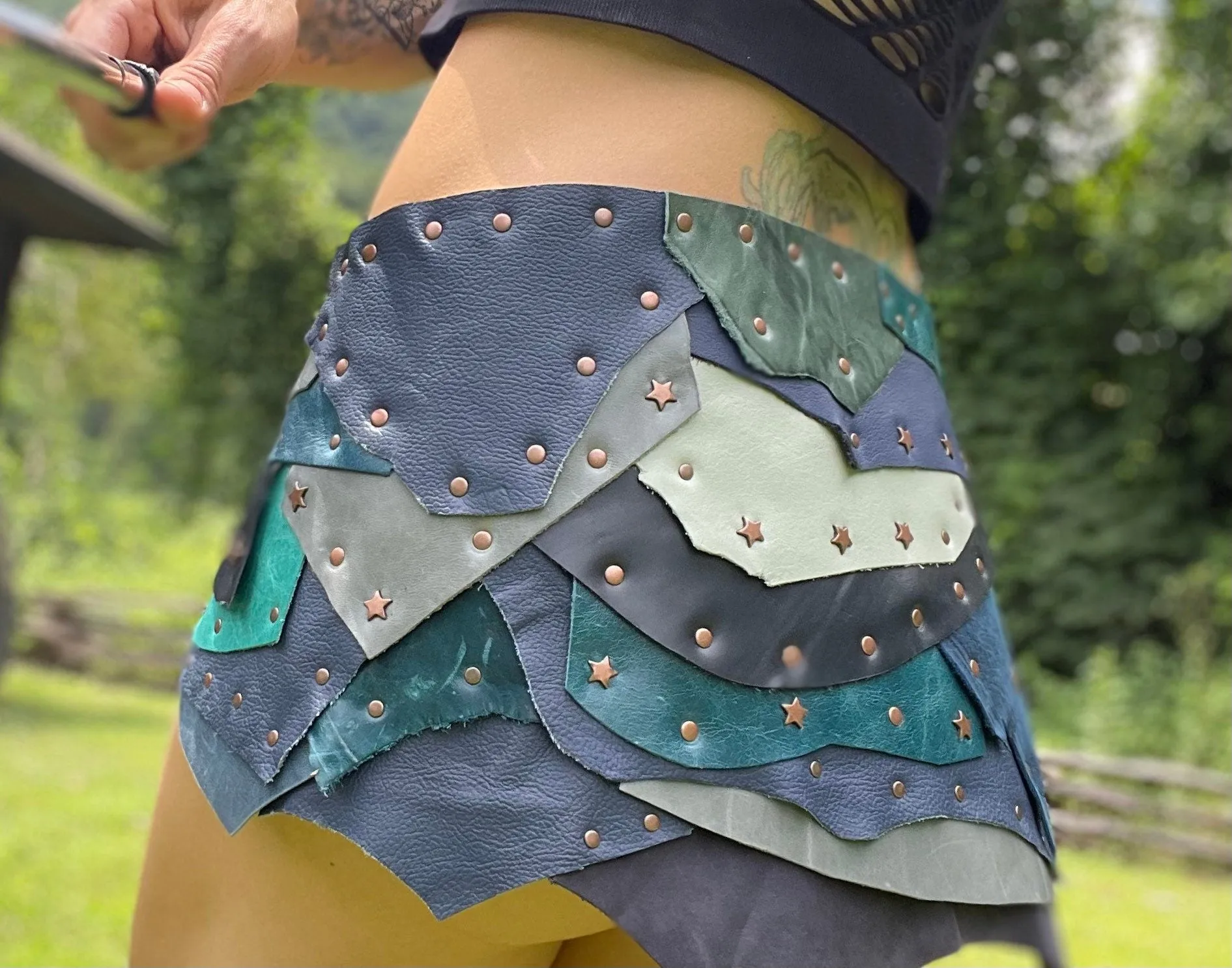 AZURITE, Steampunk meets Viking: Blue Leather Patchwork Skirt with Utility Belt - Perfect for Burning Man & Costumes!