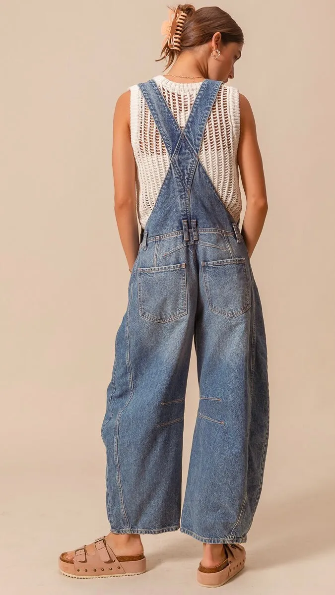 Barrel Leg Washed Denim Overalls