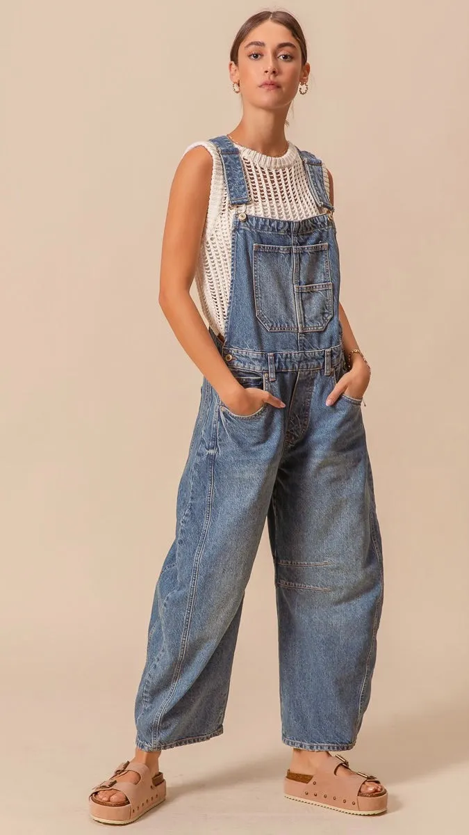 Barrel Leg Washed Denim Overalls