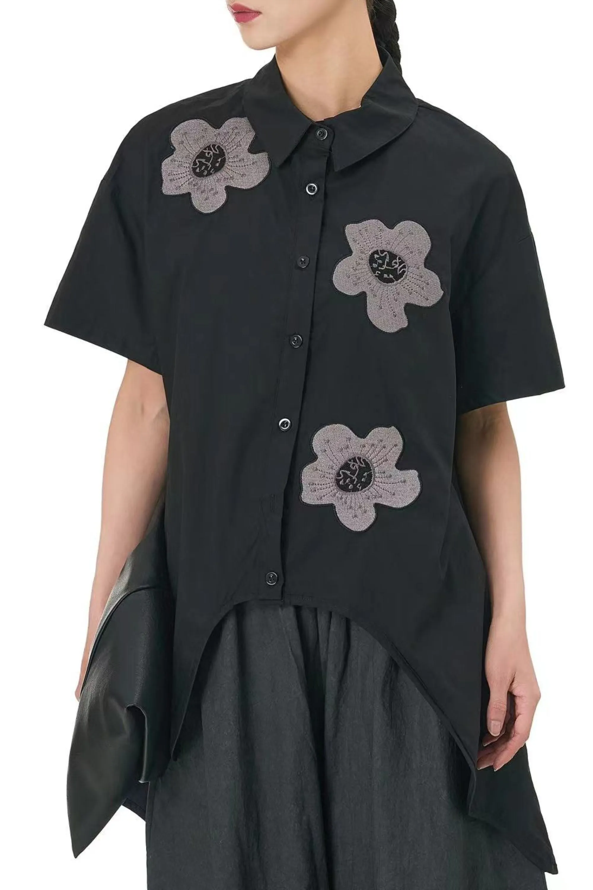 Black Embroidered Flower Shirt