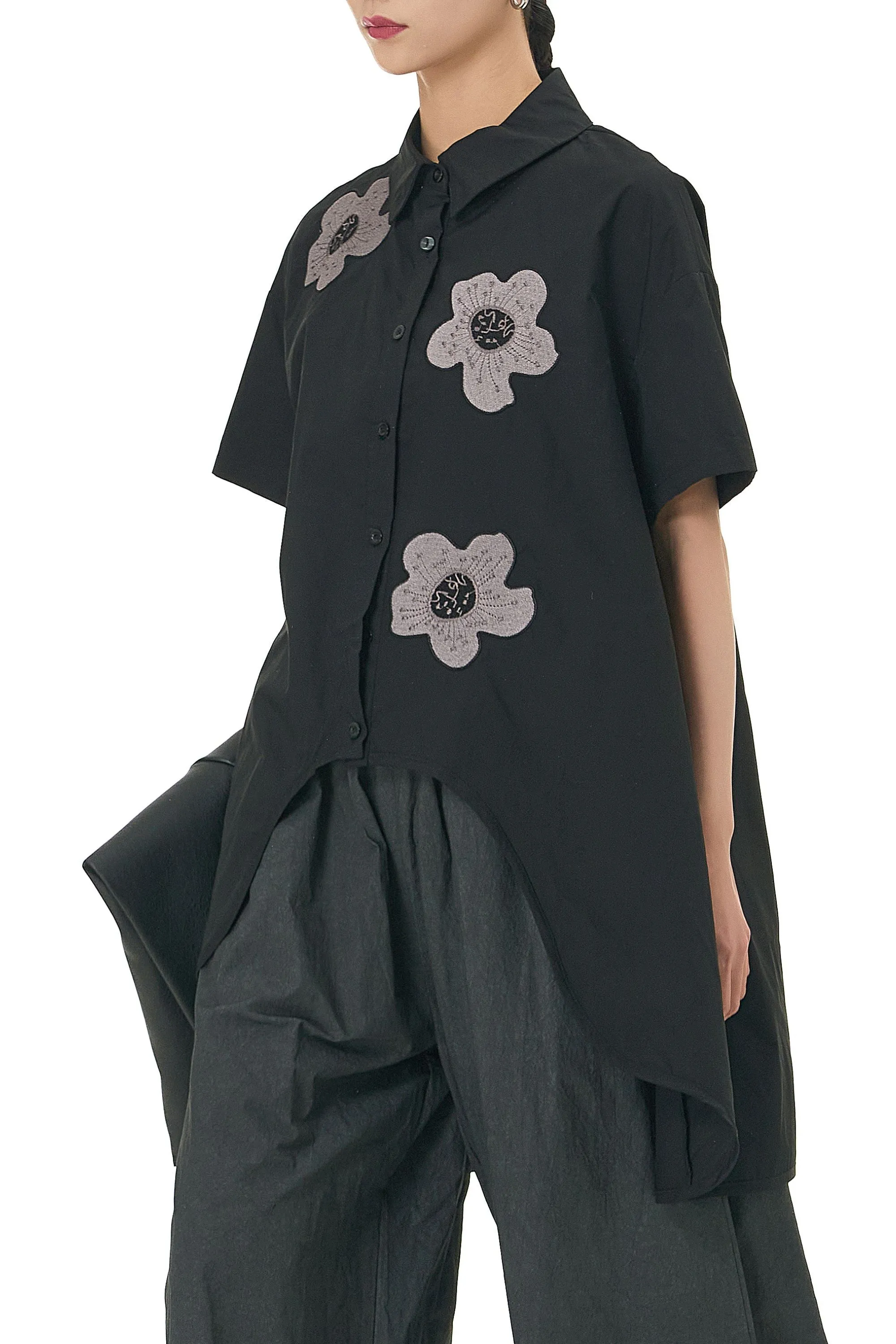 Black Embroidered Flower Shirt