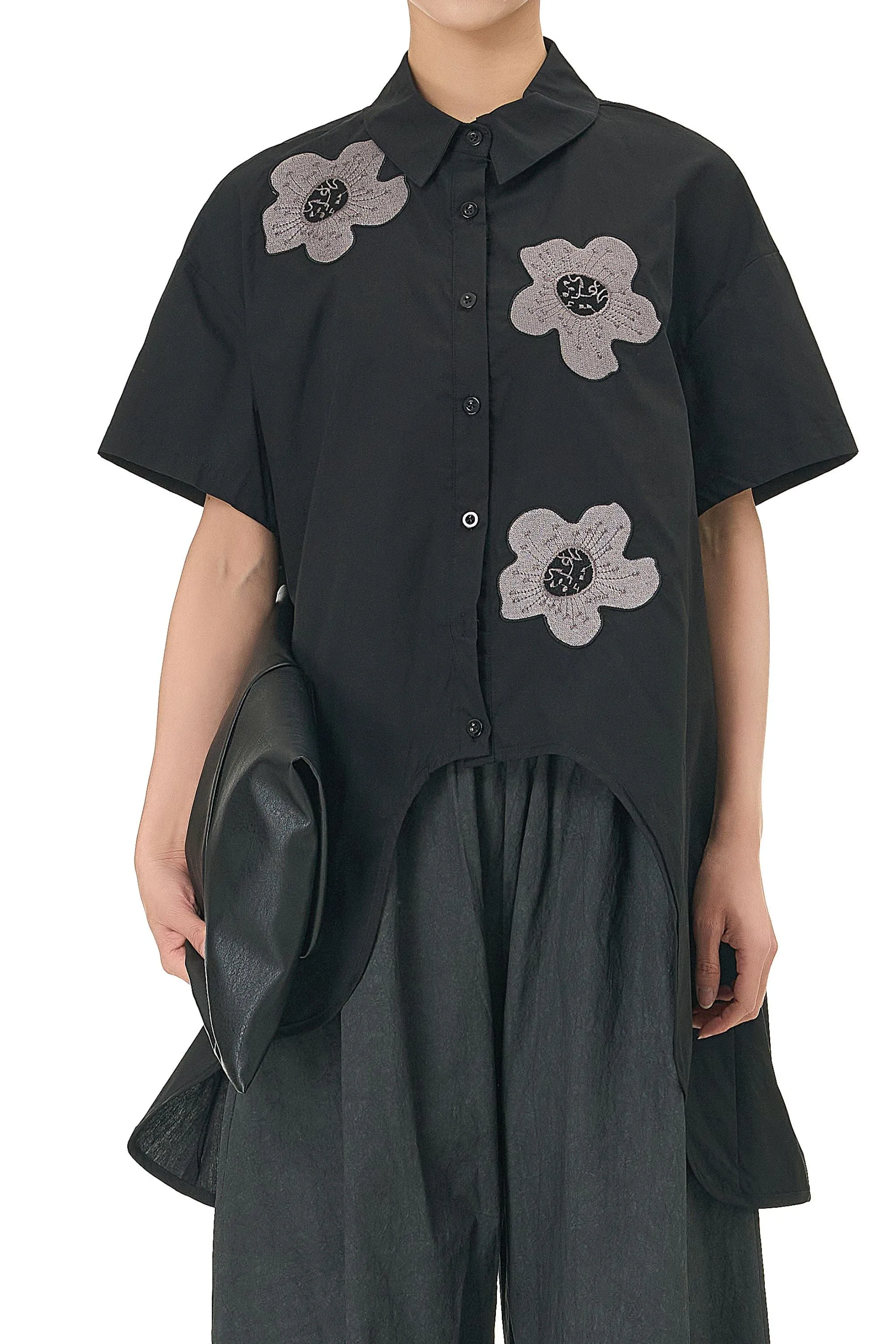 Black Embroidered Flower Shirt