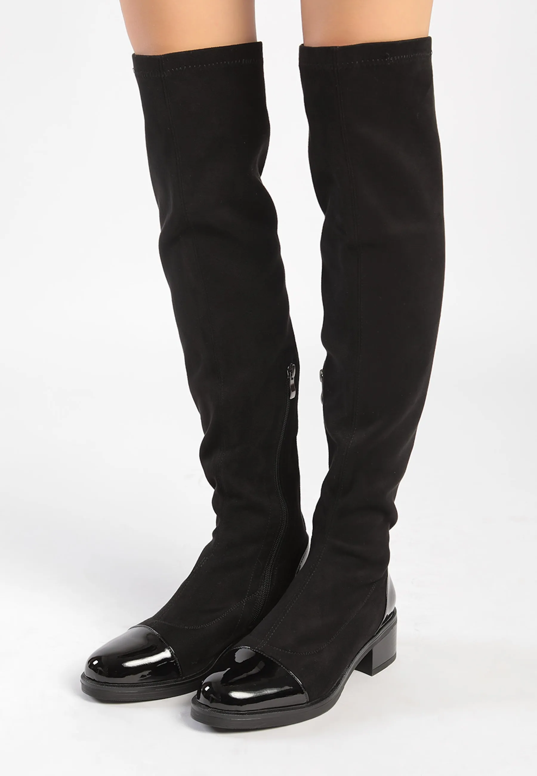 Black Over-the-Knee Boots with Patent Toe - Elegant & Comfortable