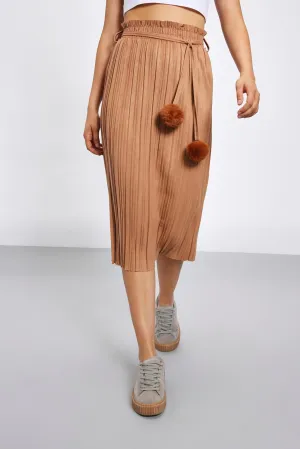 Brown Pleated Midi Skirt With Pom Poms