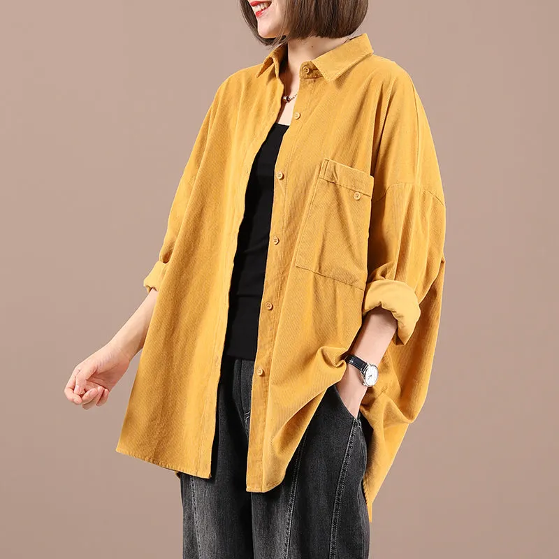 Collared Shirt Relaxed Fit Jacket With Pocket, Long-Sleeve Cotton Button-Up Jack, Solid Color Petite Coats