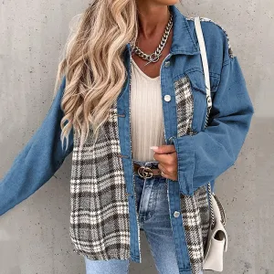 Denim Plaid Shirts Lapel Blouses and Tops