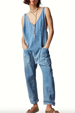 Denim V Neck Overalls