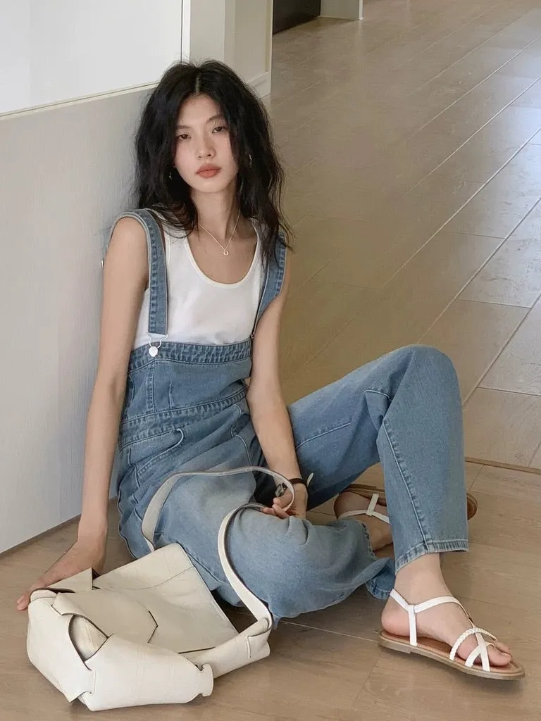 Drop Style Denim Overalls in Blue