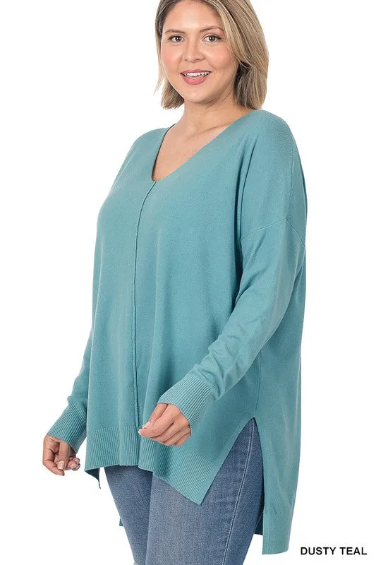 FS Clearance Plus Hi-low Hem V-Neck Center Seam Sweater