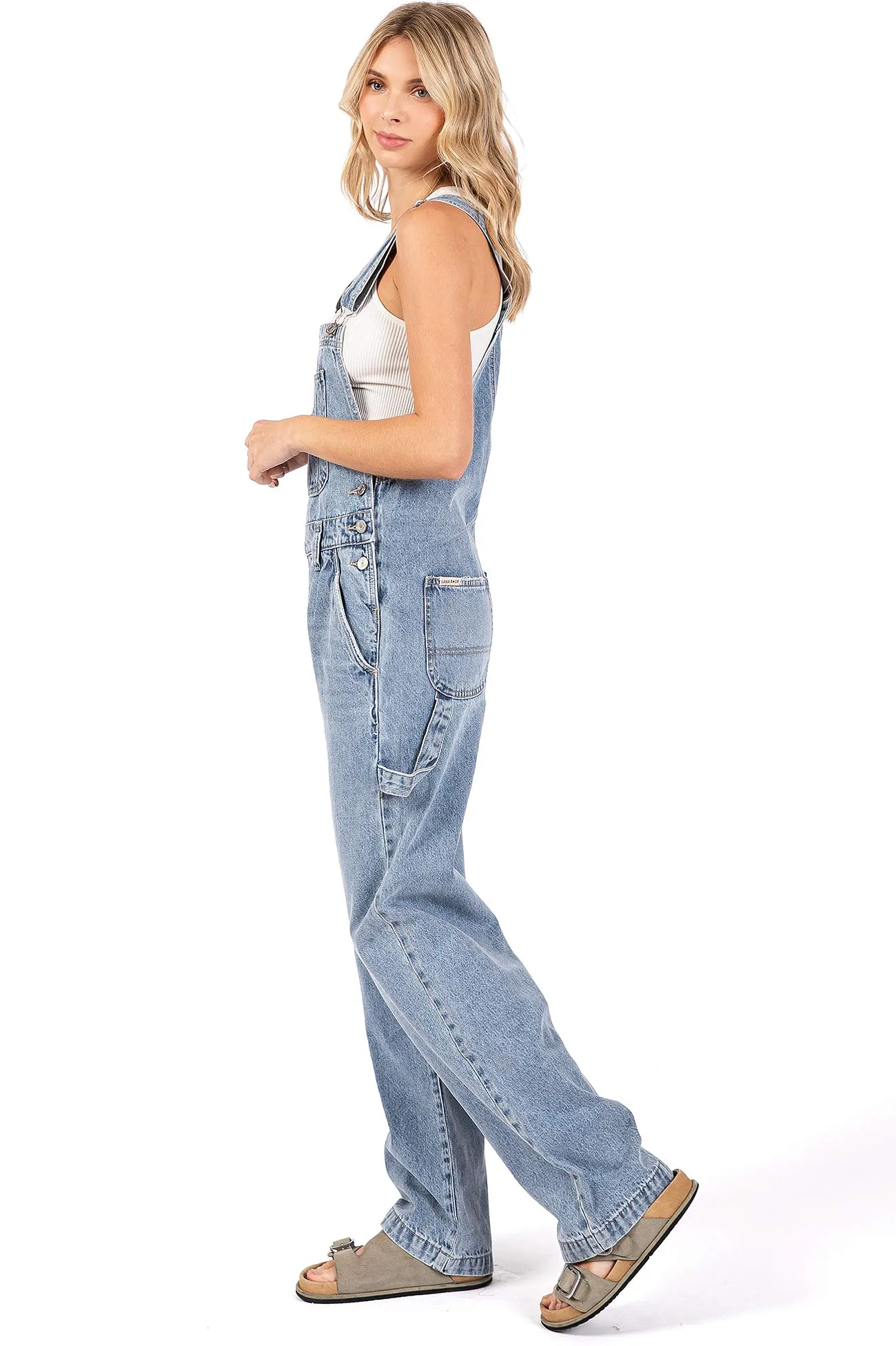 Lana Roux Low Rise Straight Leg Denim Overalls