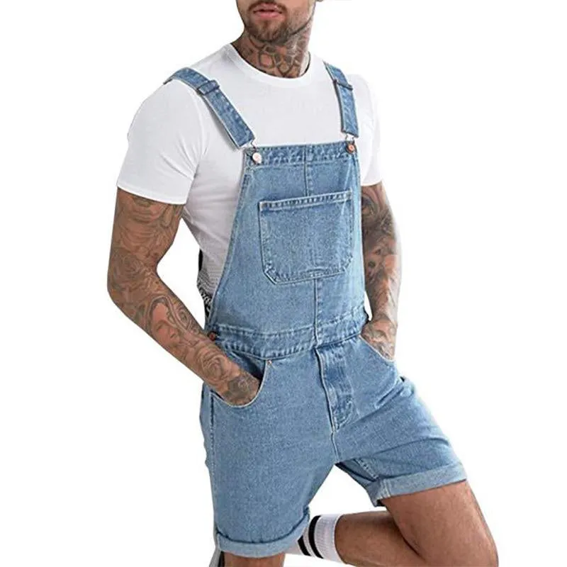 Men's Vintage Denim Ripped Cargo Shorts Jumpsuit Overall 65193363M