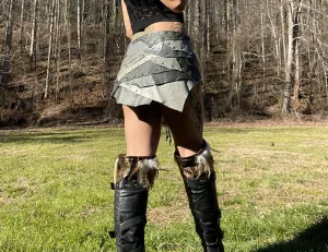 OPHELIA, Grey Silver Warrior Skirt, Leather Utility Belt, Burning Man Costume, Fairy Belt, Rave Costume, Viking Belt