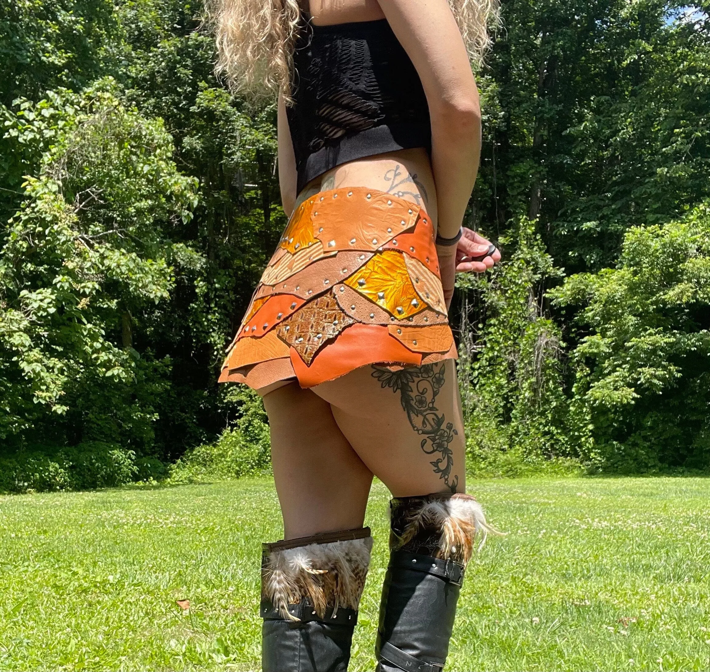 ORANGE DREAMS, Handmade Leather Summer Fairy Festival Skirt, perfect for Warrior costumes and dancing.