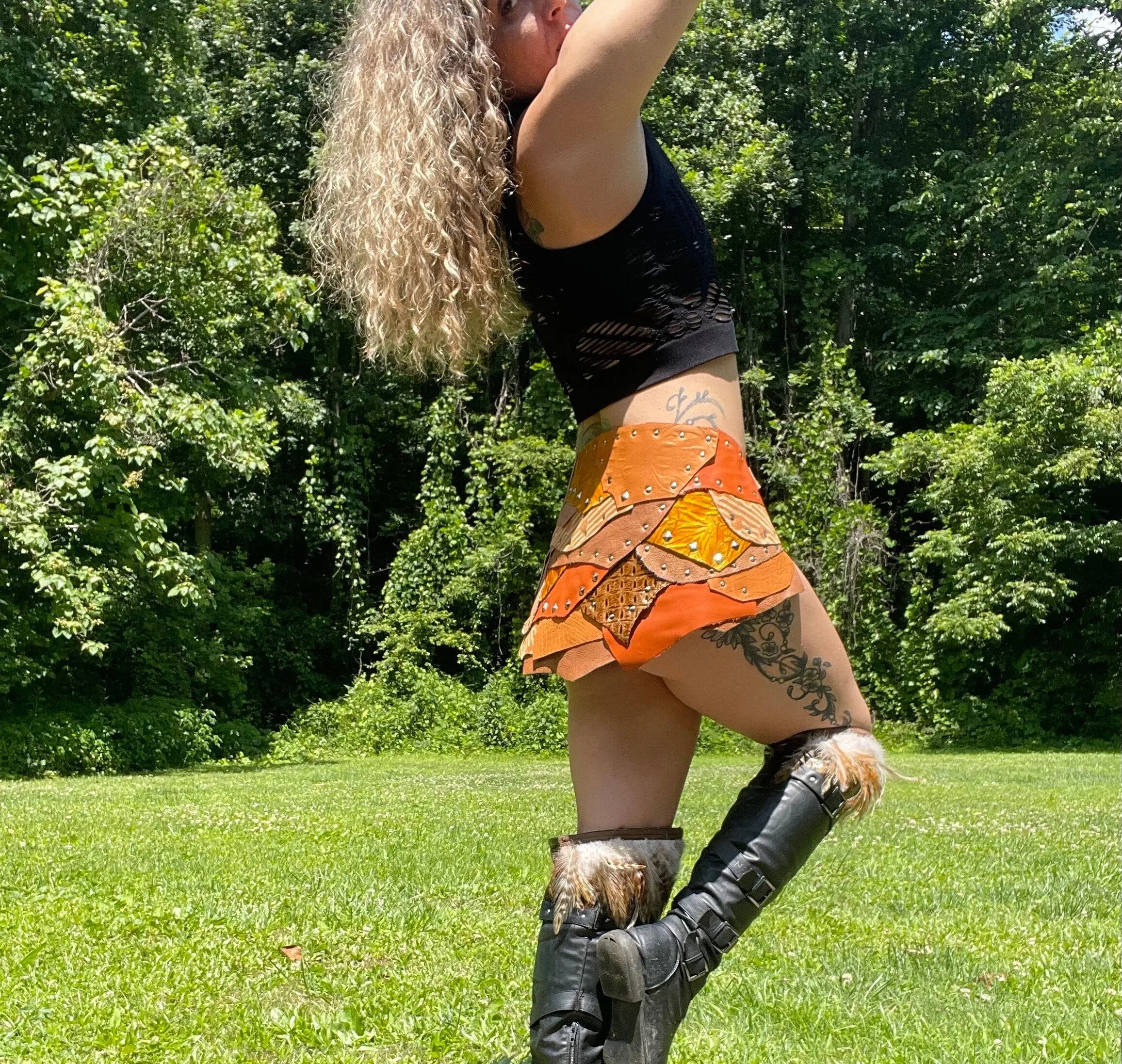 ORANGE DREAMS, Handmade Leather Summer Fairy Festival Skirt, perfect for Warrior costumes and dancing.