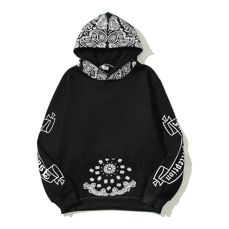 Over printed unisex cashew flower splicing hoodie loose casual fit