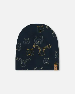 Printed Beanie Hat Beige Animals On Black Background