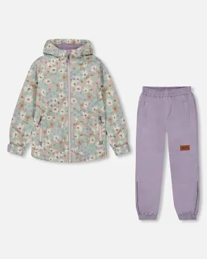 Printed Jacket Two-Piece Mid-Season Outerwear Set Small White Flowers On Turquoise And Lilac