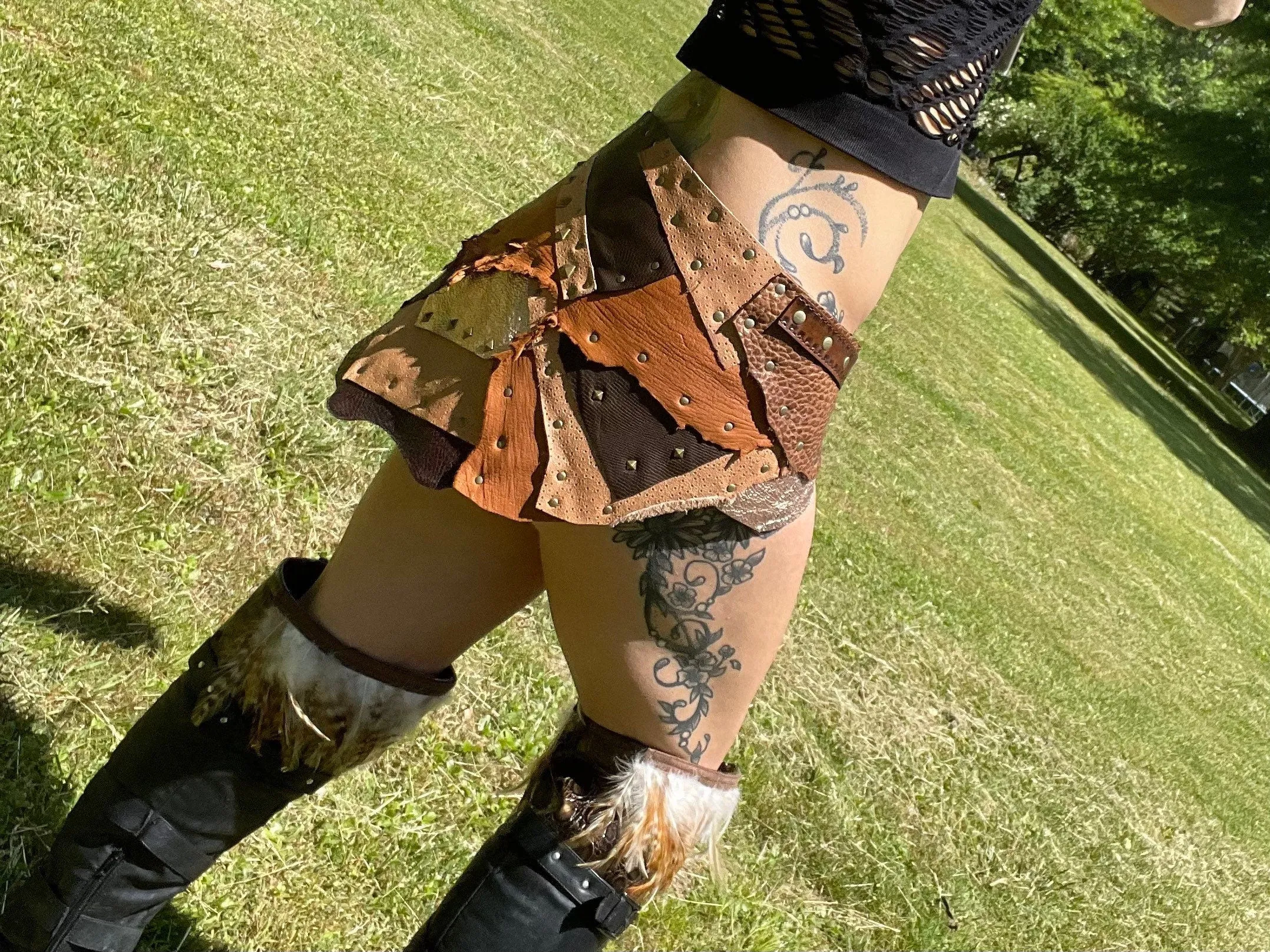 SANDY SKYS, Sexy Brown Leather Skirt, Burning Man Skirt, Steampunk costume, Pirate costume, Warrior Viking Belt, Mad Max Costume