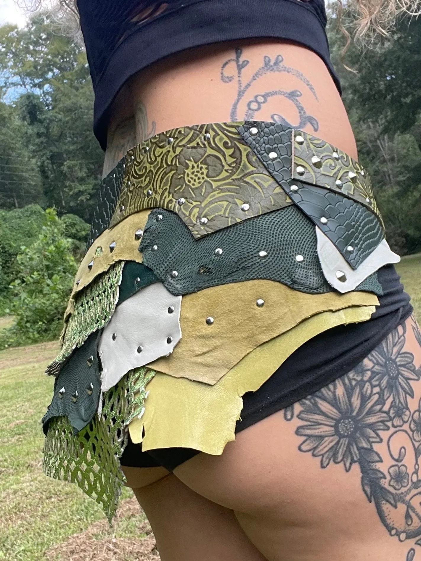 SOBEK, Green Leather Skirt, Burning Man Skirt, Steampunk costume, Dance Belt, Warrior Viking Belt Costume