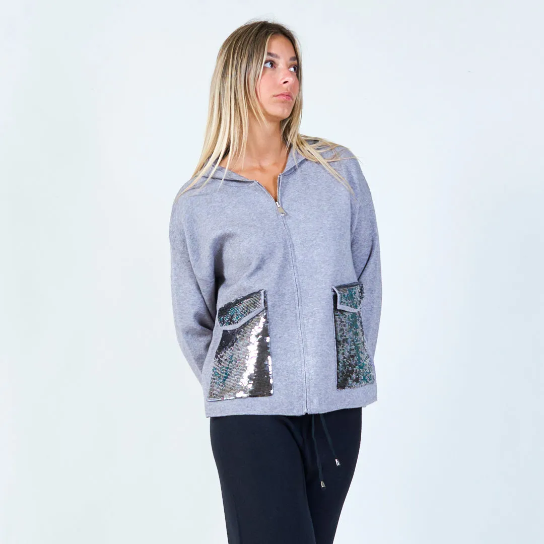 Stylish hoodie with sequin pockets wholesale