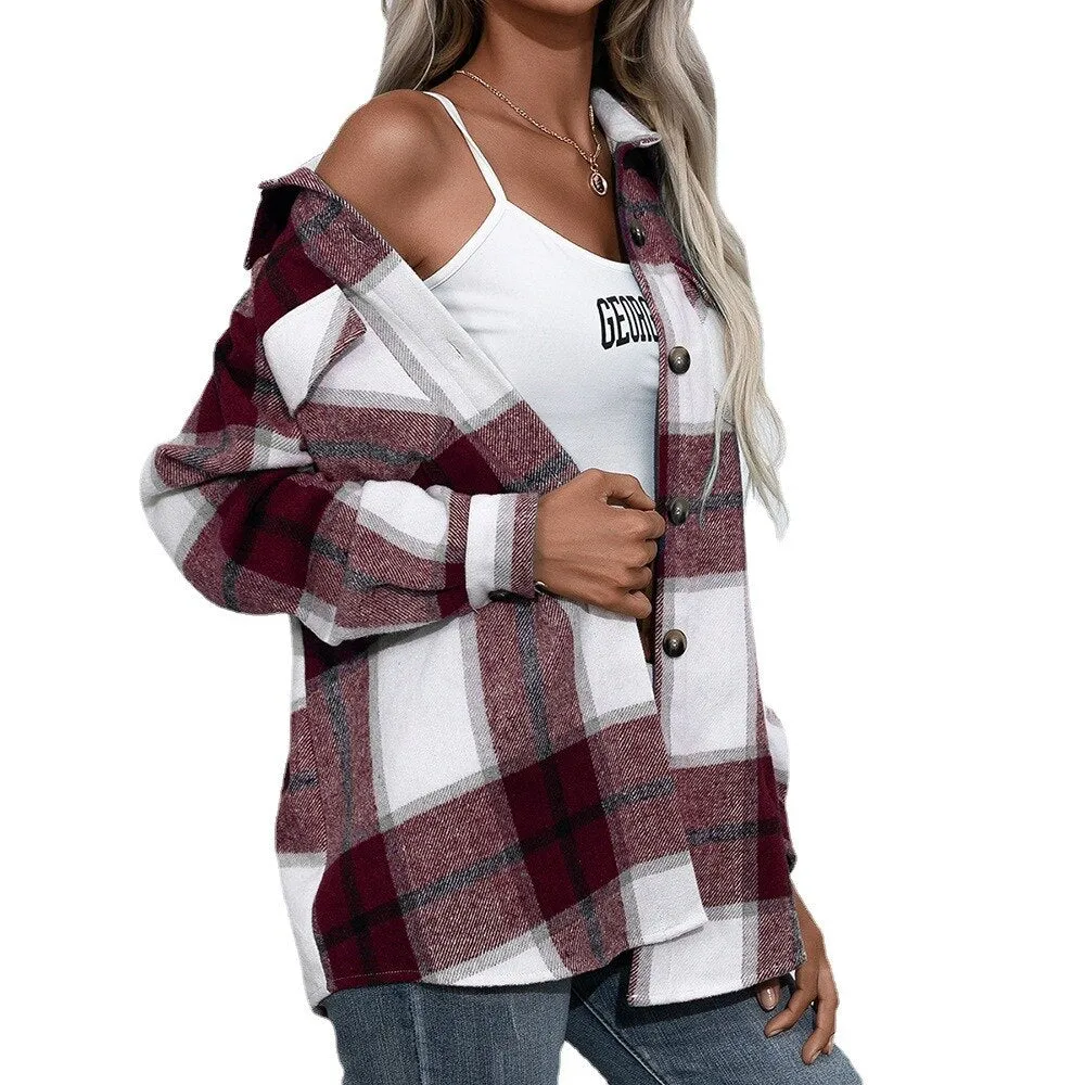 Wenkouban 2022 Spring Autumn Women Coats Casual Loose Vingage Long Sleeve Shirts Turn-down Collar Single Breasted Outerwear Plaid Jackets