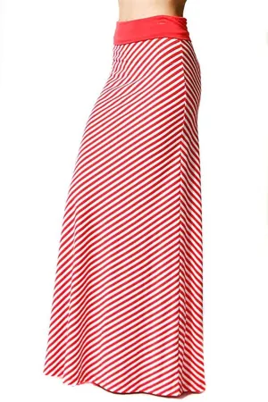 Womens Coral White Striped Foldable High Waist Maxi Knit Skirt