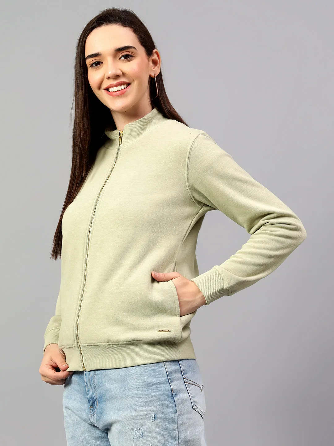 Women's Green Solid Mock Collar Sweatshirt