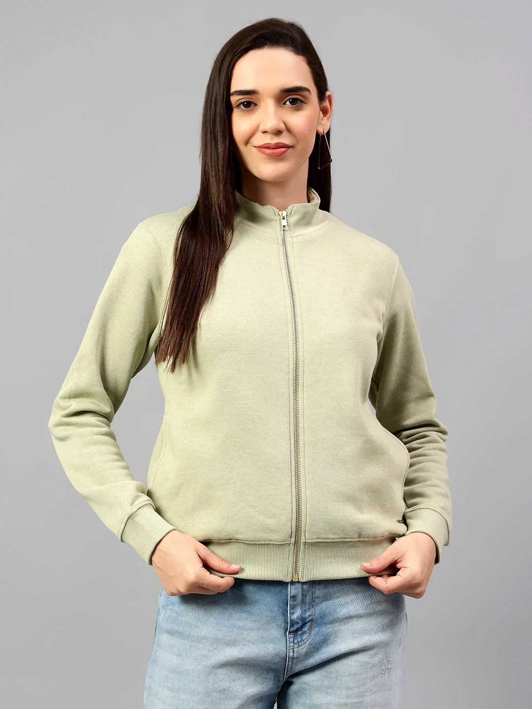 Women's Green Solid Mock Collar Sweatshirt