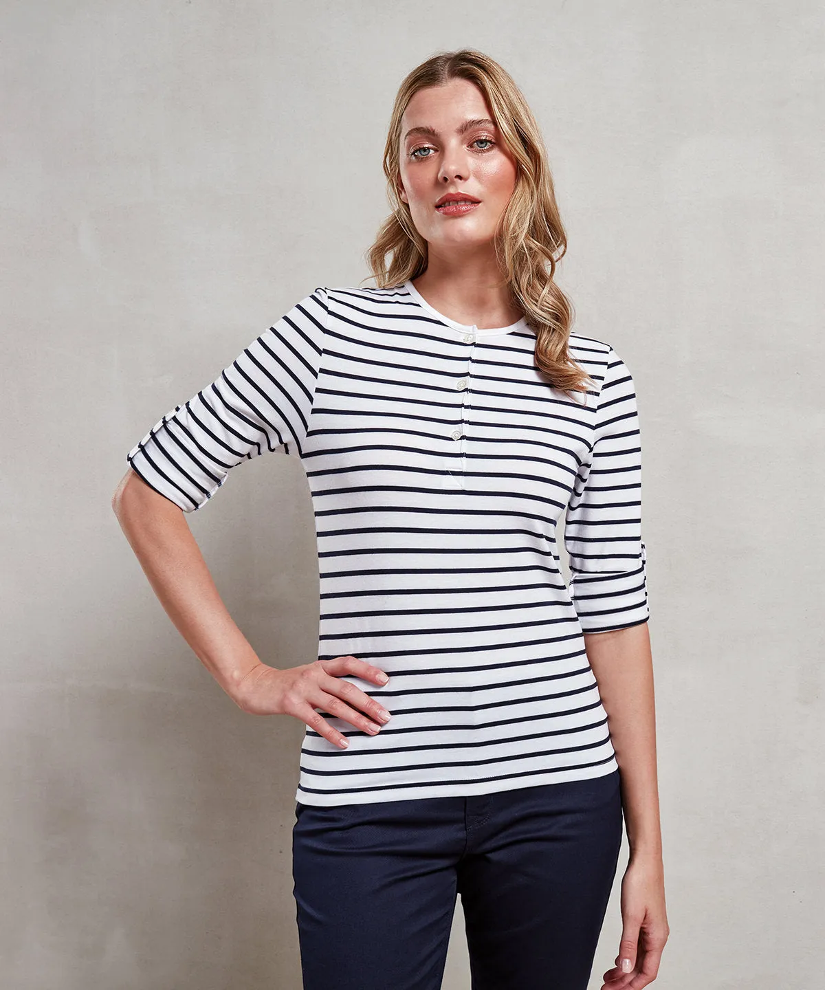 Womens Long John roll-sleeve tee | White/Navy