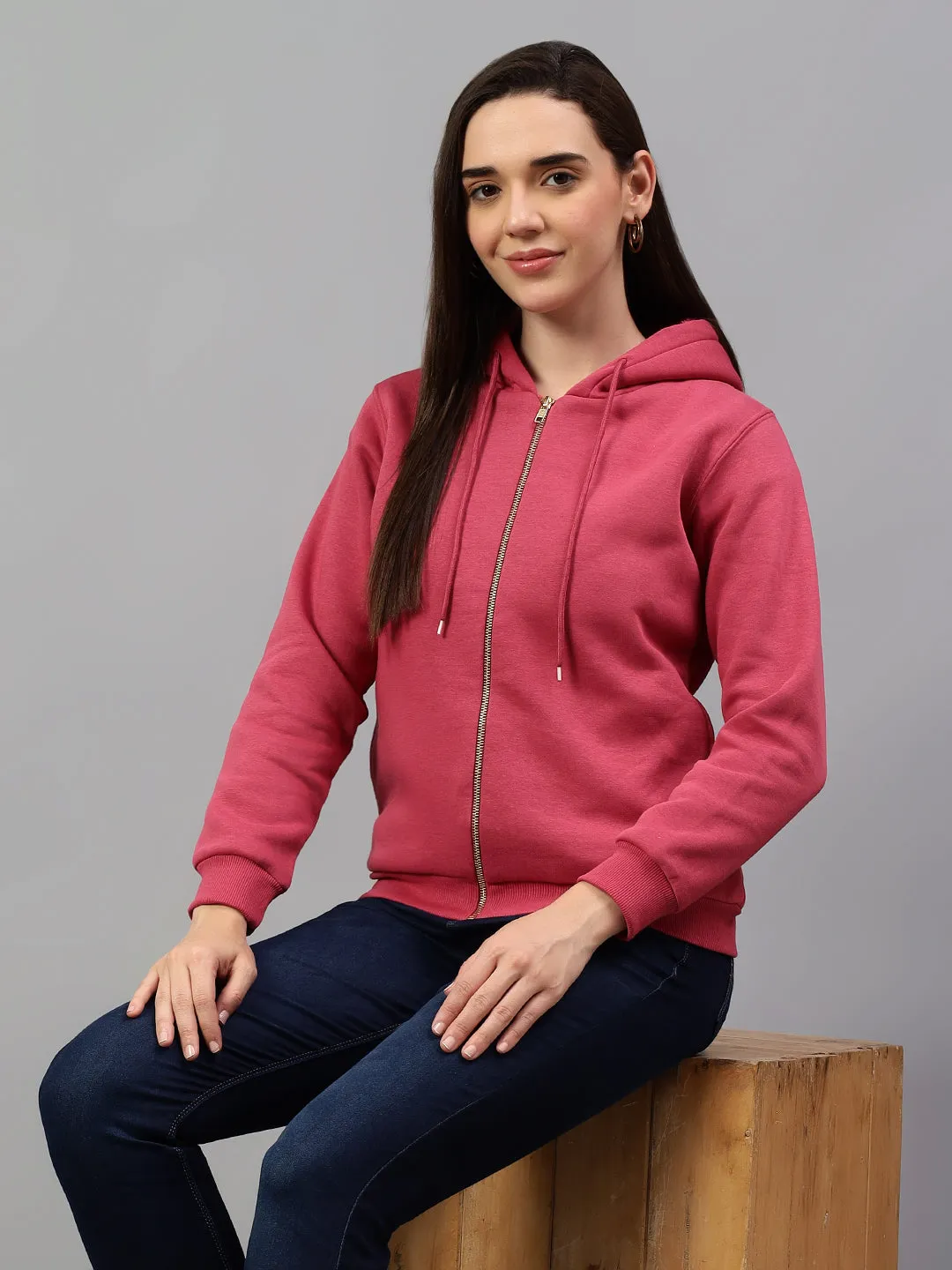 Women's Pink Solid Hoody Neck Sweatshirt