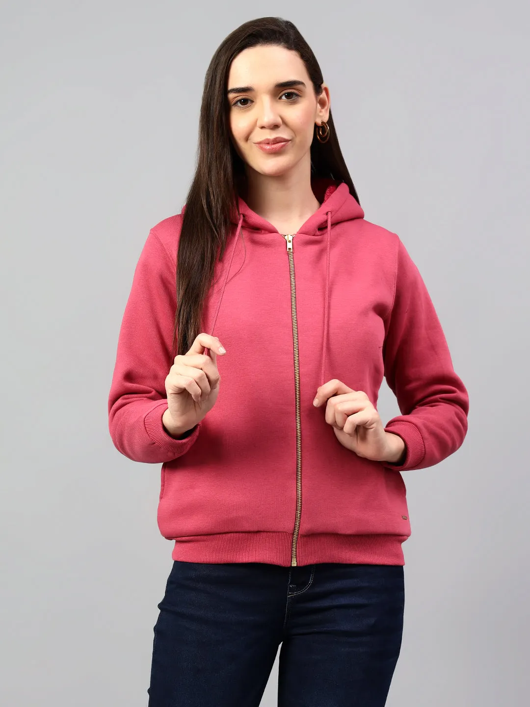 Women's Pink Solid Hoody Neck Sweatshirt