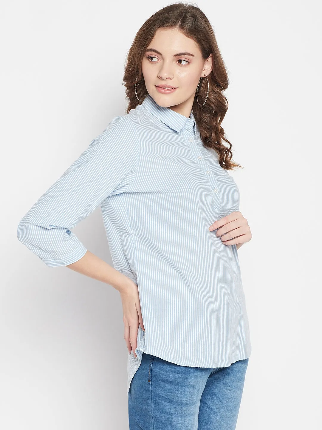 Women's   Sky Blue Stripe   Spread Collar Top