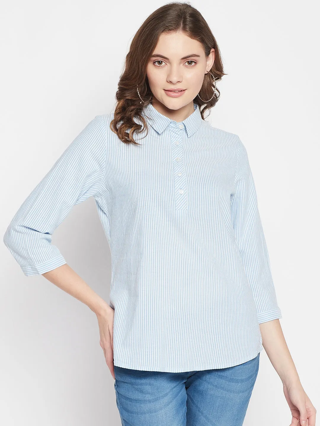 Women's   Sky Blue Stripe   Spread Collar Top