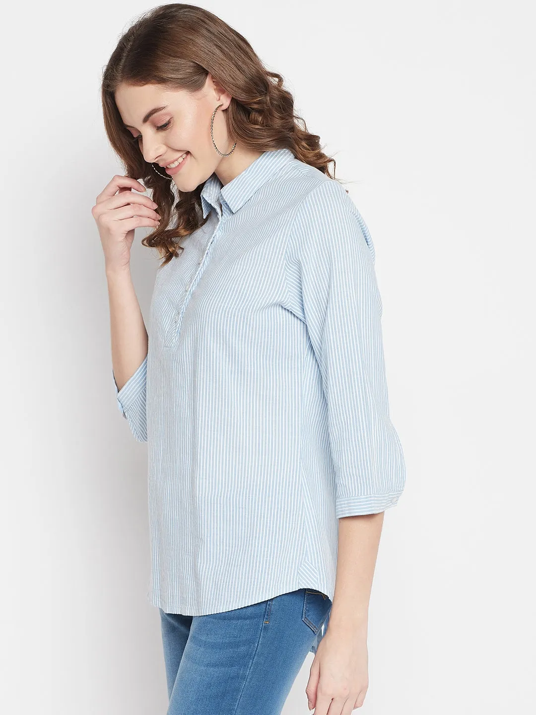 Women's   Sky Blue Stripe   Spread Collar Top