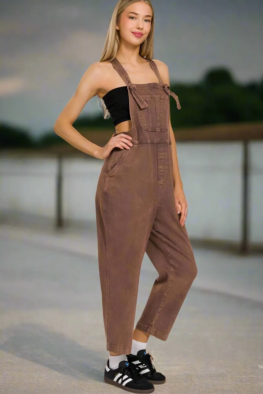 Zenana Washed Knot Strap Relaxed Fit Overalls