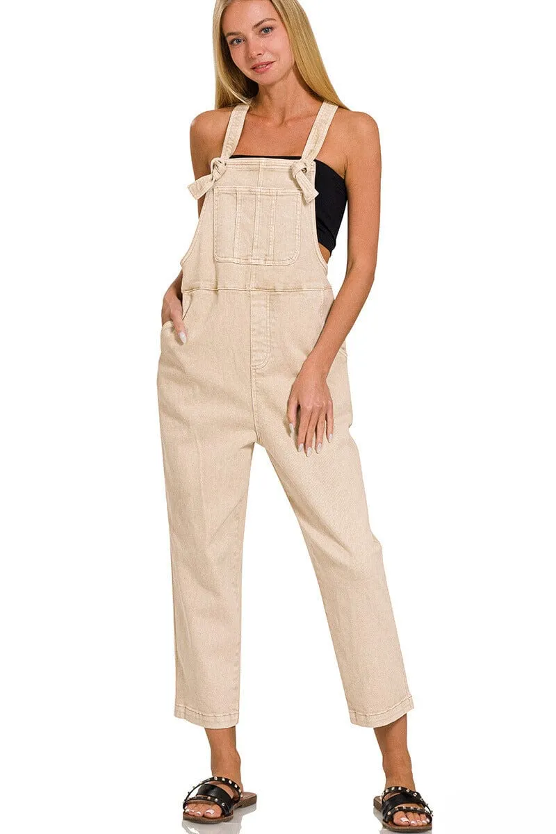 Zenana Washed Knot Strap Relaxed Fit Overalls