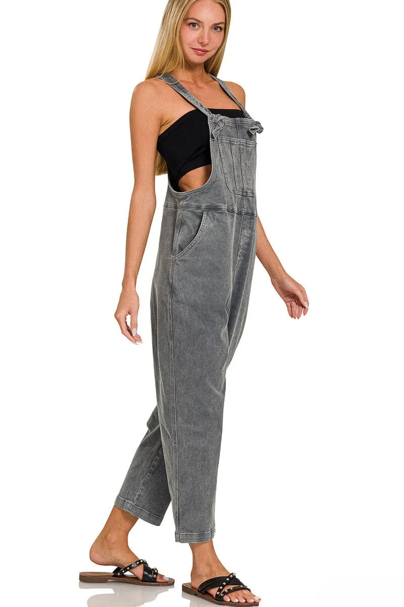 Zenana Washed Knot Strap Relaxed Fit Overalls