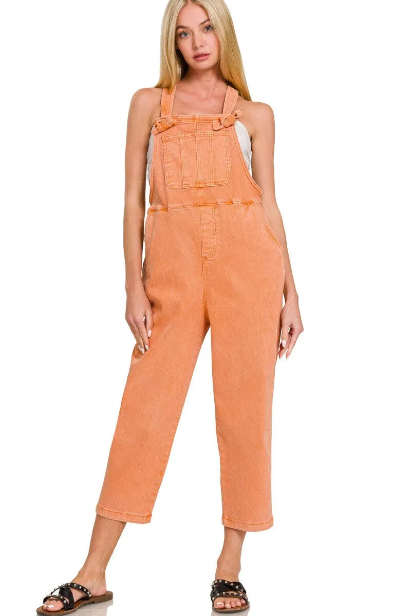 Zenana Washed Knot Strap Relaxed Fit Overalls