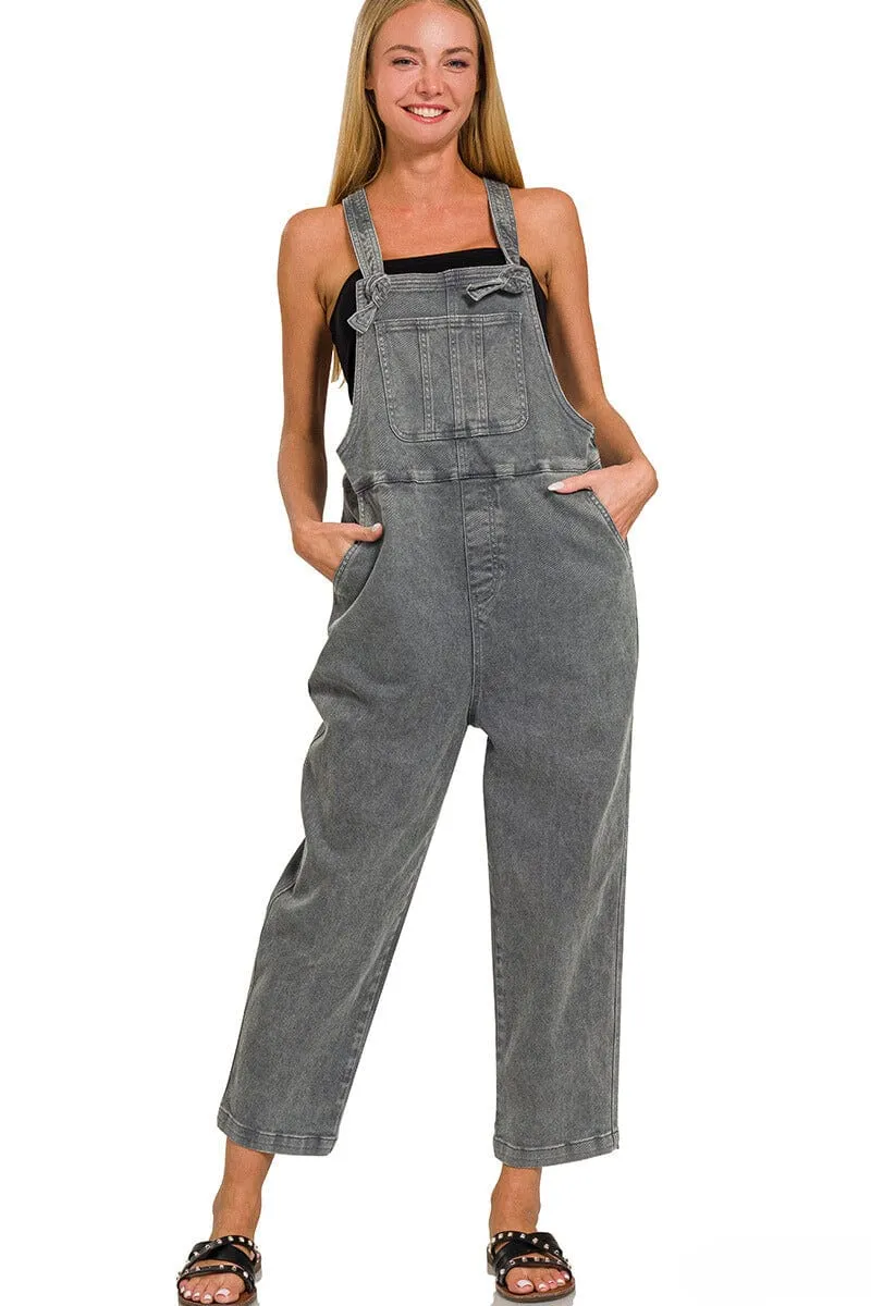 Zenana Washed Knot Strap Relaxed Fit Overalls